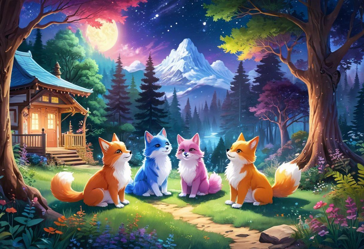 A vibrant and whimsical scene depicting colorful furry characters engaging in joyful activities amidst a dreamy, magical landscape. Incorporate elements of yaoi romance subtly illustrated, with playful expressions and a cozy atmosphere. The background features lush forests, glittering stars, and soft pastel colors to evoke the essence of cheerful hentai manga and graphic novels. super-realistic. vibrant colors. digital painting.